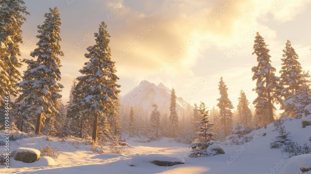Poster a serene winter forest with snow-covered trees glowing under soft sunlight, creating a magical atmos