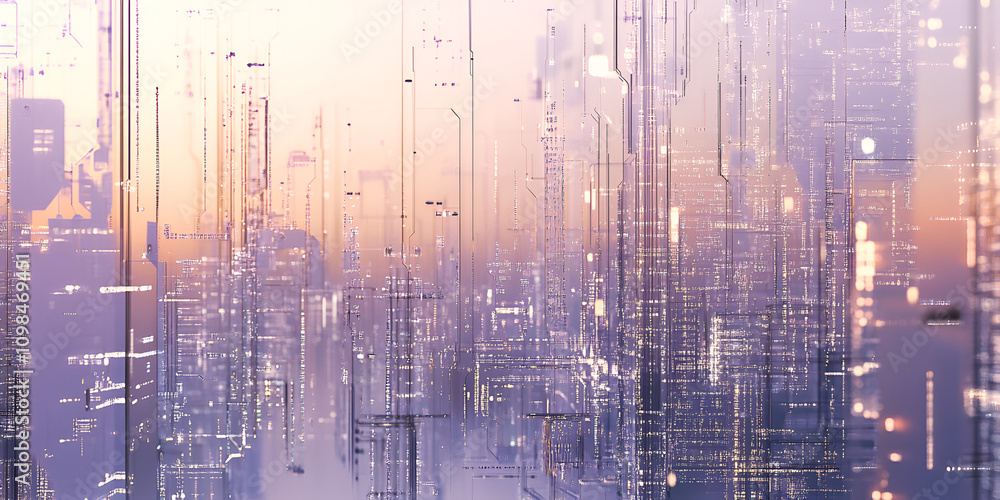Poster cyberpunk cityscape: a mesmerizing digital rendering of a futuristic metropolis, bathed in a etherea