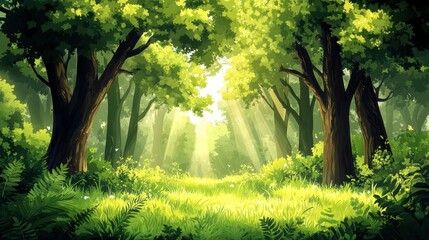 Obraz premium Lush green forest with sunlight filtering through the trees, creating a tranquil and serene atmosphere.
