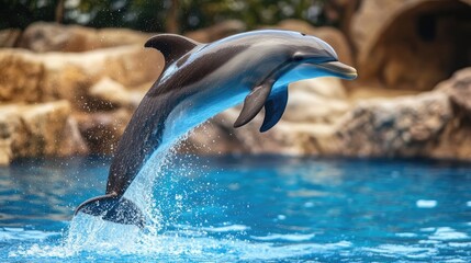 Obraz premium Majestic Dolphin Leaping Above the Water in a Bright Blue Pool, Showcasing its Graceful Movement and Playful Spirit, Surrounded by Natural Rocks and a Vibrant Environment