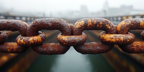 Fototapeta premium In the early morning haze, a weathered chain stretches across a serene harbor, its rust and peeling paint telling stories of time, strength, and endurance
