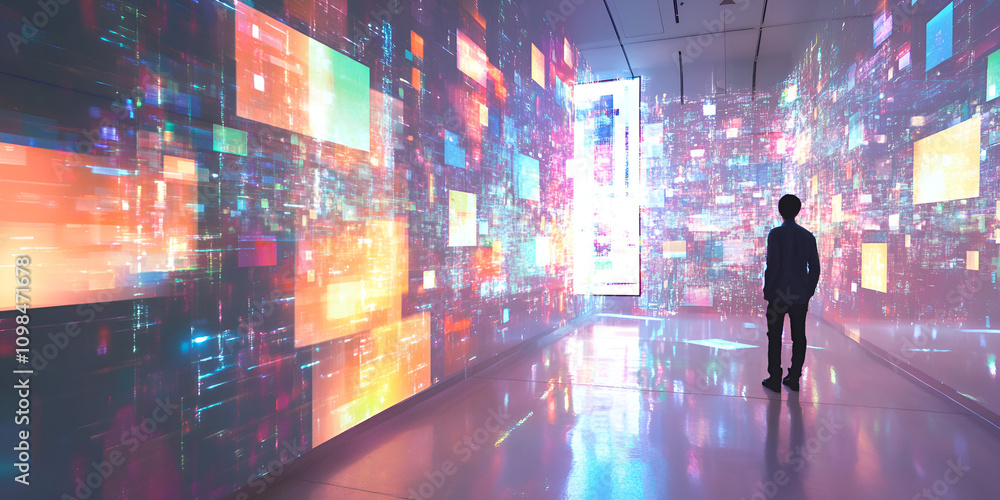 Aufkleber data stream visionary: a lone figure contemplates a mesmerizing wall of vibrant digital screens, sym