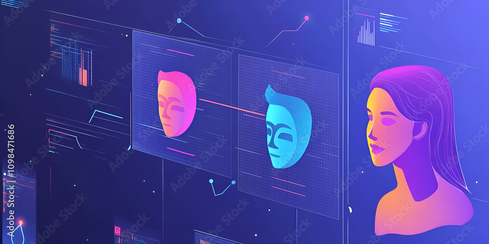 Poster digital identity: a futuristic concept of identity in a digital world, represented by glowing digita