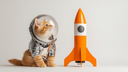 Adorable orange cat in an astronaut suit and helmet next to a colorful rocket, embodying a charming blend of space exploration and playful imagination in a minimalist setting