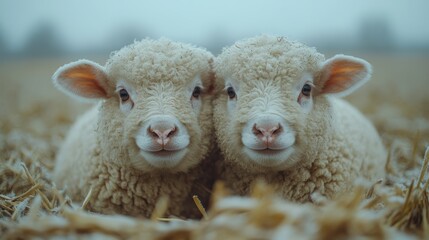 Obraz premium Nestled together, two twin lambs gaze intently from a dew-kissed field, their woolly fleeces reflecting the soft hues of dawn in a tranquil countryside