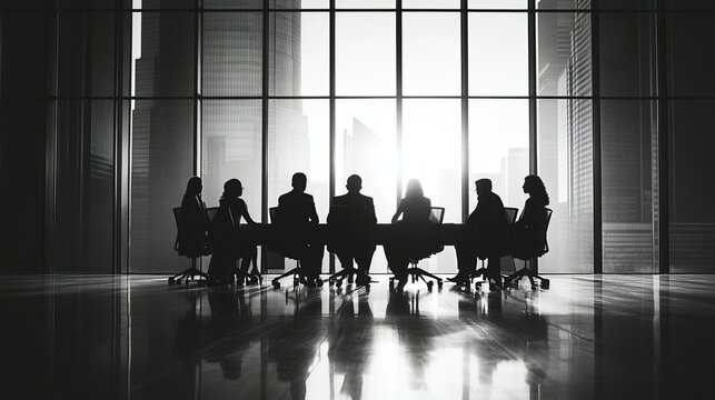 Silhouetted figures in a boardroom meeting against a city skyline backdrop.