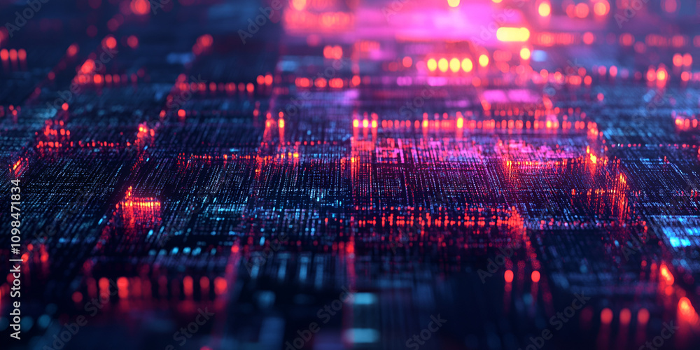 Poster abstract digital circuitry: glowing nodes and pathways of data flow across a vibrant, futuristic cir