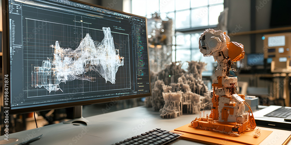 Poster industrial robotics: a 3d printed robotic arm sits on a desk alongside a computer screen displaying 