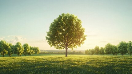 Fototapeta premium A single tree in sharp focus, surrounded by lush bushes, set against a crystal-clear blue sky and warm daylight.