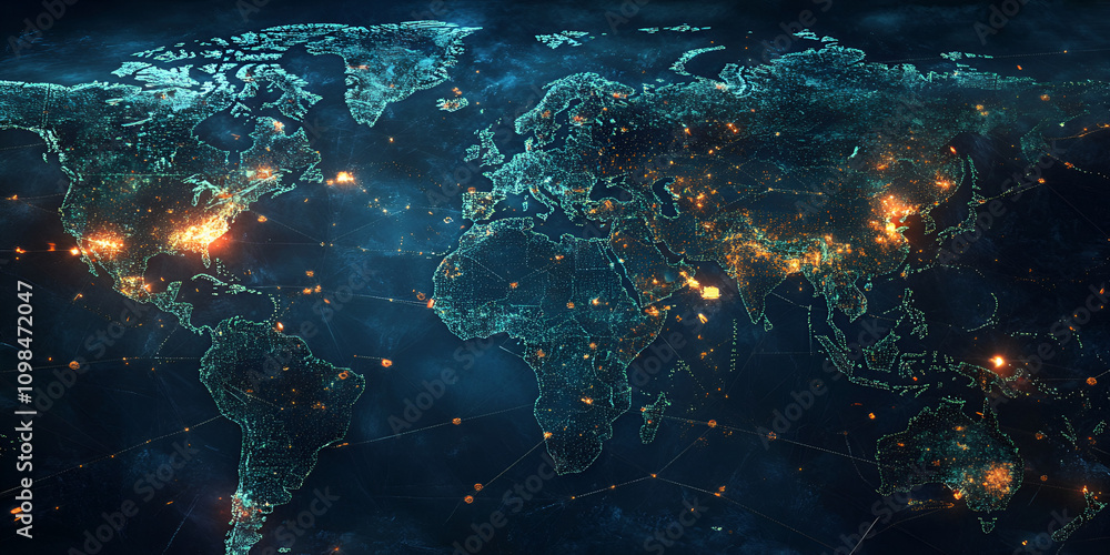Poster global connections: a mesmerizing, stylized world map with glowing city lights set against a cosmic 