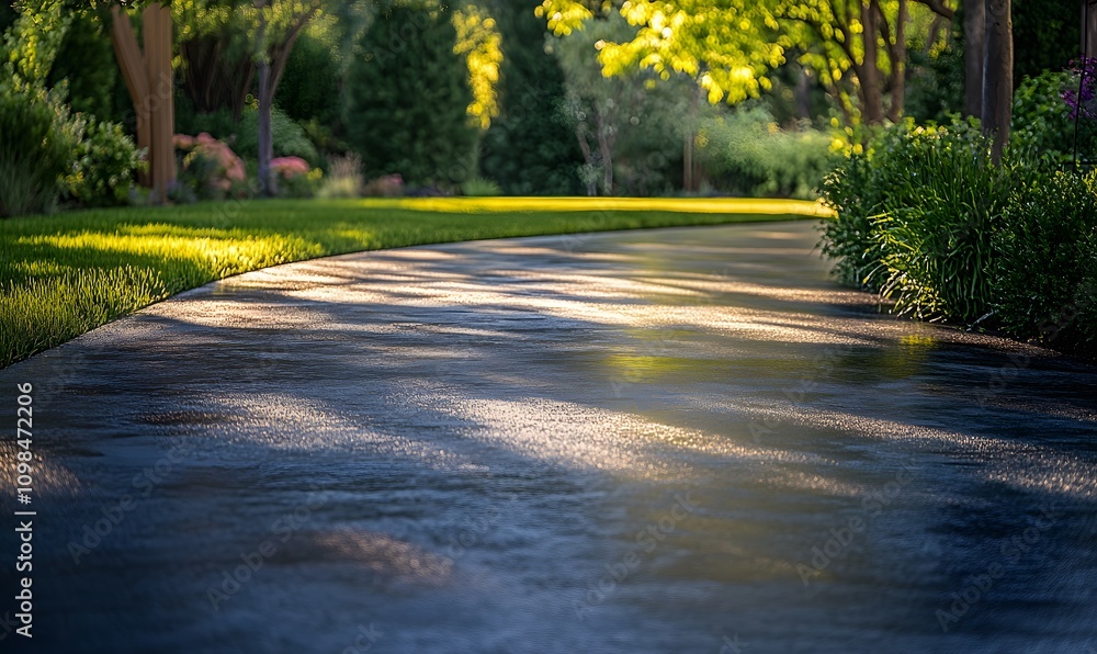 Poster a dynamic composition featuring diagonal lines of freshly applied sealcoat on the driveway