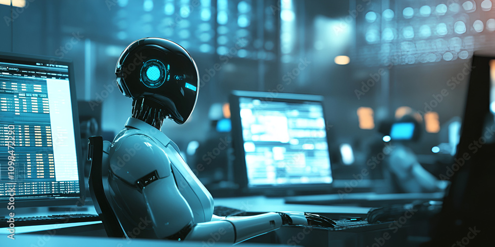 Poster cybernetic sentinel: a futuristic ai robot diligently works at a computer in a high-tech server room