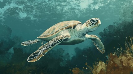 Obraz premium Graceful Sea Turtle Swimming Through the Vibrant Underwater World with Lush Fauna and Enigmatic Blue Background, Capturing the Essence of Marine Life