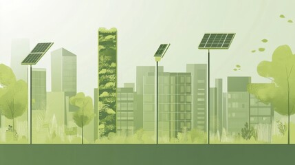 A conceptual illustration of a green urban oasis with vertical gardens and solar-powered streetlights, symbolizing urban renewal and sustainable city spaces, minimalist style