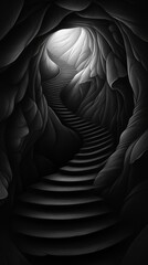 Obraz premium A spiral staircase ascends through a dark, textured cave, illuminated by dramatic lighting leading to a bright opening.