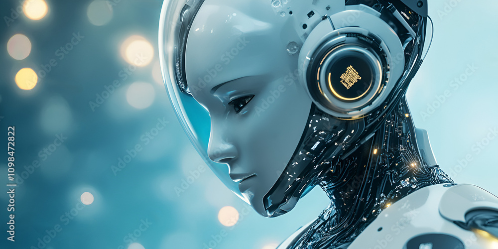 Poster the future is now: a close-up portrait of a humanoid robot, evoking curiosity and contemplation. the
