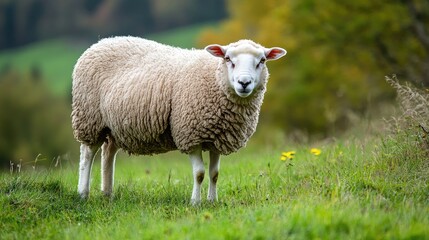 Obraz premium A Curious Sheep Grazing in a Lush Green Meadow Surrounded by Vibrant Nature, Showcasing the Beauty of Rural Livestock in Natural Habitat