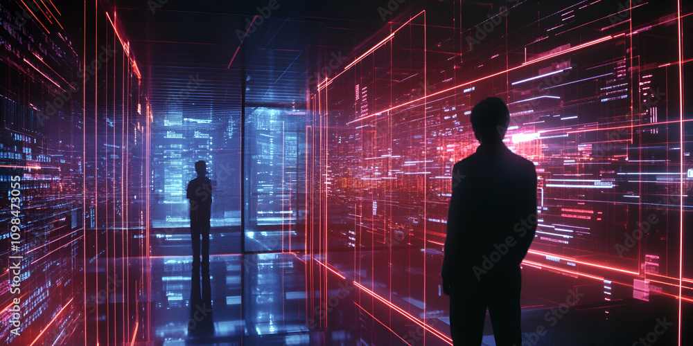 Poster digital architects: two figures stand silhouetted against a mesmerizing backdrop of vibrant, futuris