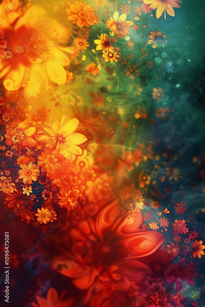 Poster a vivid abstract image featuring colorful flowers and swirling patterns, creating a dreamlike and ar