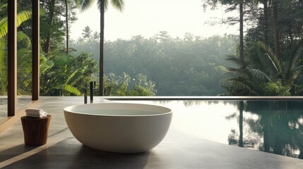 Fototapeta premium Serene Outdoor Bathtub Surrounded by Lush Tropical Landscape with Infinity Pool Overlooking Dense Green Forest in Tranquil Luxury Retreat Setting