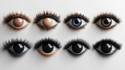 A collection of artistic eye designs featuring various colors and styles, showcasing detailed lashes and unique iris patterns.