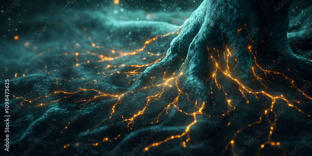 Poster mystical tree roots: a mesmerizing image of tree roots glowing with magical light. the roots are spr