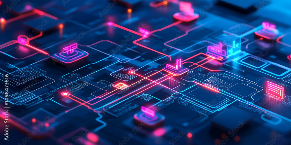 Aufkleber abstract digital network: a mesmerizing close-up of a futuristic circuit board, glowing with vibrant