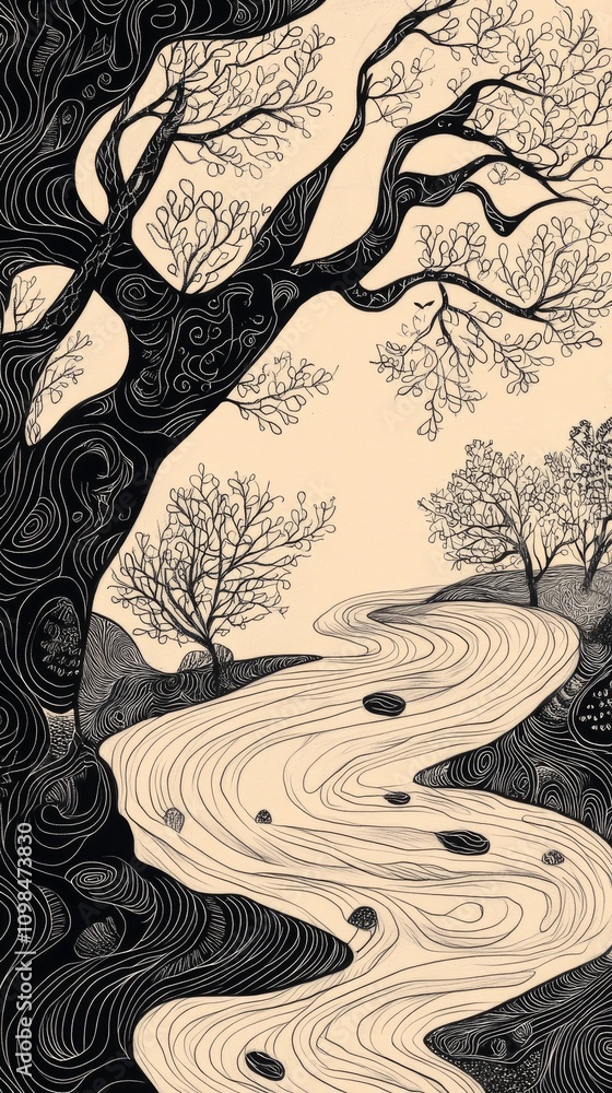 Poster a black and white drawing of a river with a tree on the left side. the tree is very large and has a 