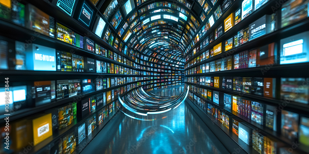 Poster digital tunnel of content: an endless stream of digital screens, each displaying a different image, 