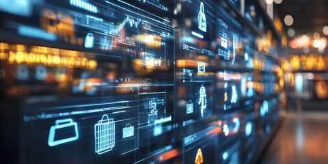 Naklejka premium Digital Futurism: A mesmerizing array of futuristic digital interfaces and data streams displayed on a large screen, creating a captivating visual of technological advancement and innovation.