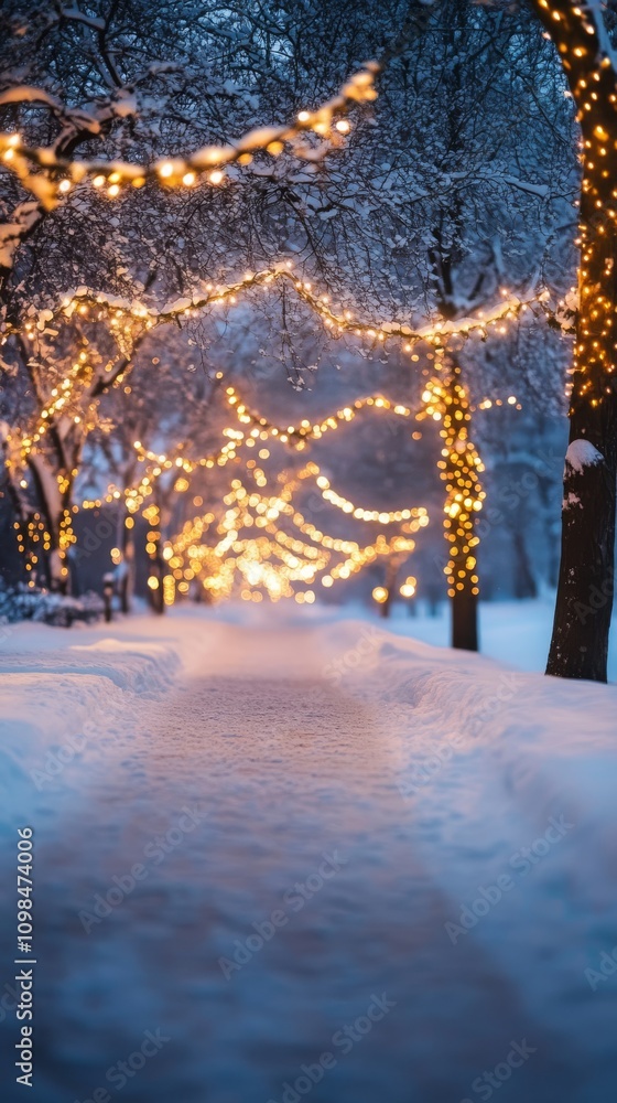 Poster a serene winter pathway adorned with glowing string lights, creating a magical atmosphere in a snow-