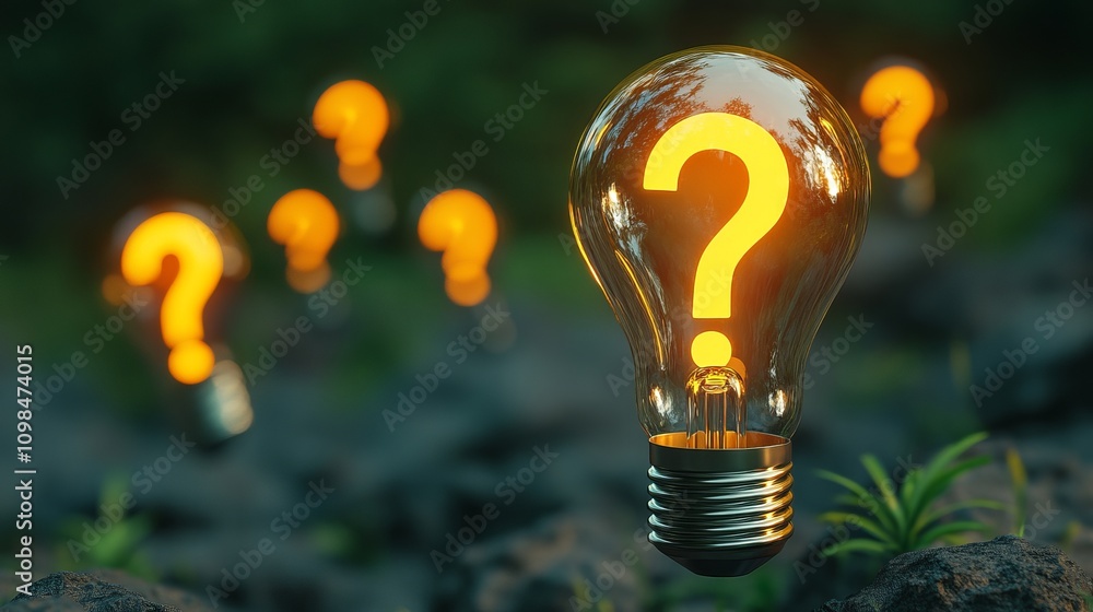 Poster a series of glowing light bulbs with question marks inside, set against a dark, nature-inspired back