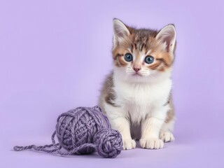 Fototapeta premium A small kitten playing with a purple ball of yarn