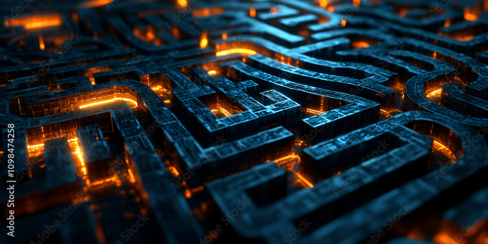 Poster the labyrinth of data: a mesmerizing 3d rendering of a complex maze, illuminated by a fiery glow, re