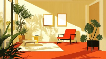 Fototapeta premium Stylish living room with vibrant plants and modern furniture, featuring warm light and artistic decor.