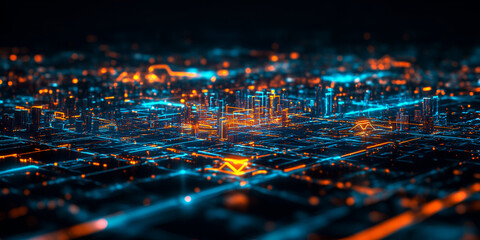 Obraz premium Digital Cityscape: A mesmerizing abstract cityscape illuminated by vibrant blue and orange lights, evoking a sense of futuristic urbanism and technological advancement. 