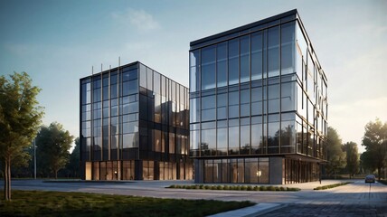 AI Modern 3D Commercial Building with Glass Facades and Geometric Design 