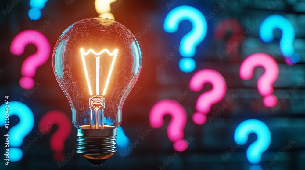 Poster an illuminated light bulb against a backdrop of colorful question marks, symbolizing ideas and curio