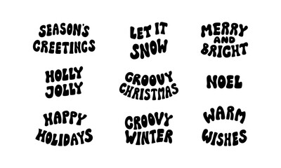 Fototapeta premium Set of holiday christmas and new year quotes in retro groovy 1970s hippie style. Vector flat illustration of lettering inscriptions for greeting cards and invitations