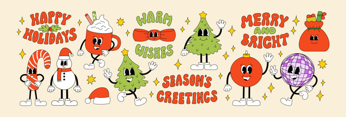 Fototapeta premium Set of christmas and new year groovy retro characters and retro lettering quotes. Vector outline illustration in vintage 60s 70s hippie style