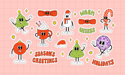 Set of holiday stickers with christmas retro characters and lettering quotes in groovy style. Vector outline illustration of new year various mascots in 70s style