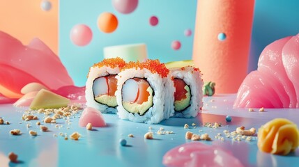 Sushi roll on color vivid background composition