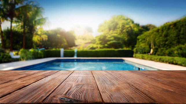 Leerer Holztisch mit Swimmingpool im Hintergrund