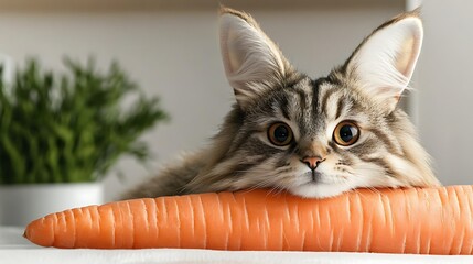 Adorable Cat Resting on Giant Carrot with Playful Expression, Perfect for Pet Lovers, Food Photography, and Whimsical Decor Themes