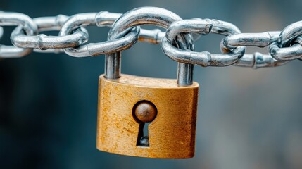 Close-up of a rusty padlock attached to a chain, isolated on a blurred background.