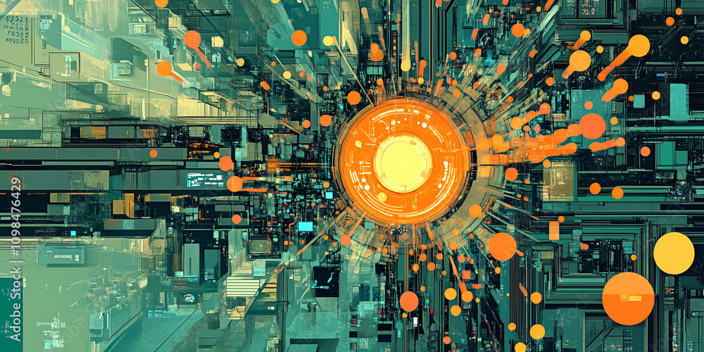 Poster abstract tech explosion: a mesmerizing digital art piece featuring a vibrant explosion of color and 