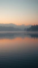 Naklejka premium Tranquil water surface with subtle ripples in a serene lake or pond at dawn, reflecting the gentle hues of sky and surrounding trees, gentle ripples, soft focus, morning light