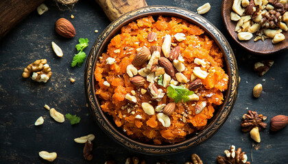 Delicious dessert carrot halwa in bowl with nuts, gajar halwa generated.AI