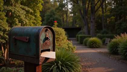 Vintage mailbox with an open letter surrounded by a beautiful garden in the sunlight