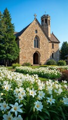 Stone church with white lilies under blue sky.  